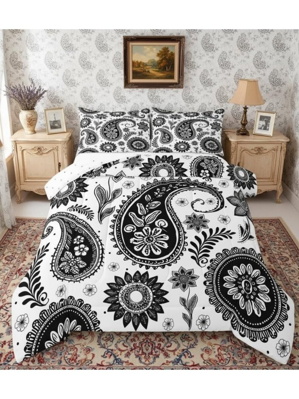 Black White Paisley Comforter Set Queen Size 3 Pcs,Exotic Retro Blooming Flowers
